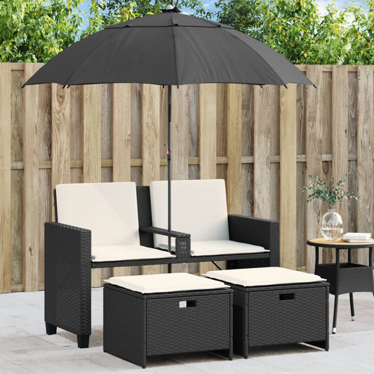 Gartensofa 2-Sitzer Sonnenschirm und Hocker Schwarz Poly-Rattan