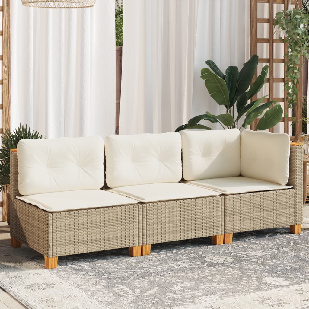 Gartensofa mit Kissen 3-Sitzer Beige Poly Rattan