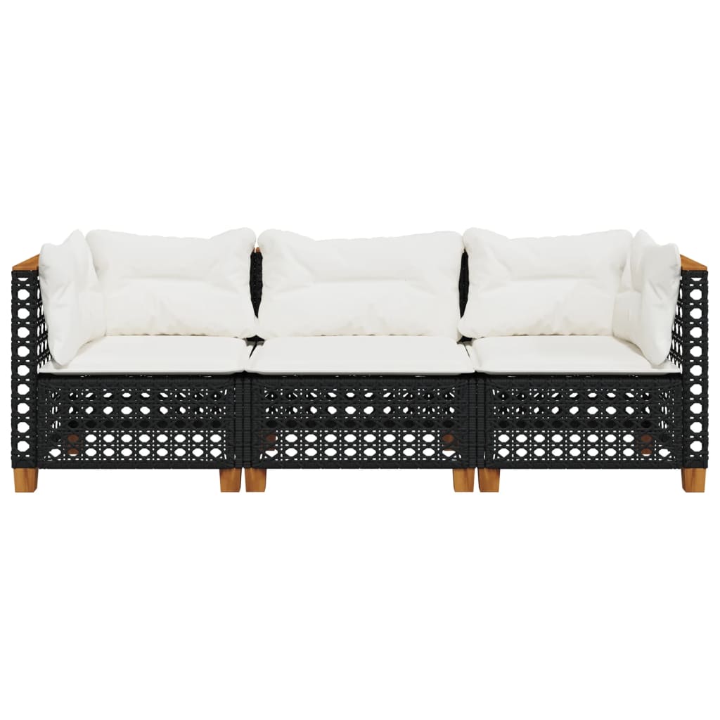 Gartensofa mit Kissen 3-Sitzer Schwarz Poly Rattan