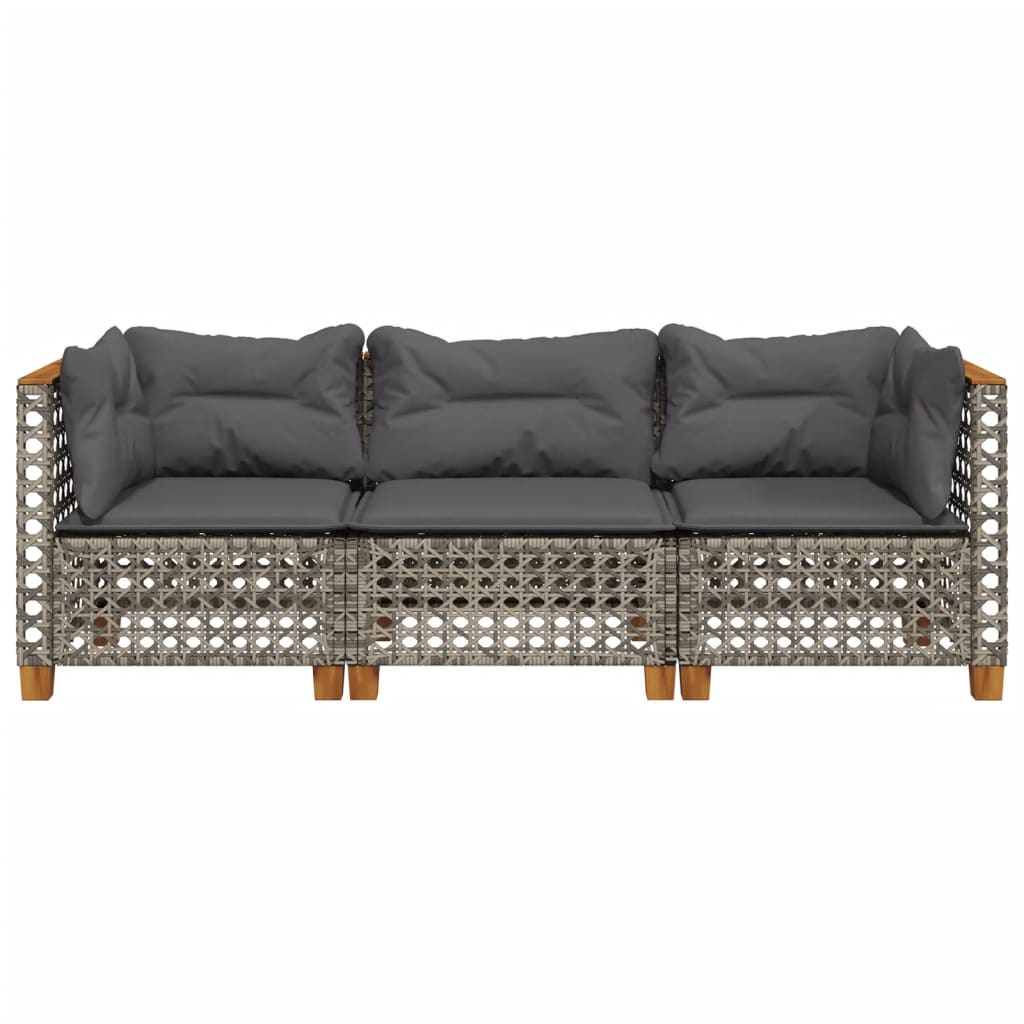 Gartensofa mit Kissen 3-Sitzer Grau Poly Rattan