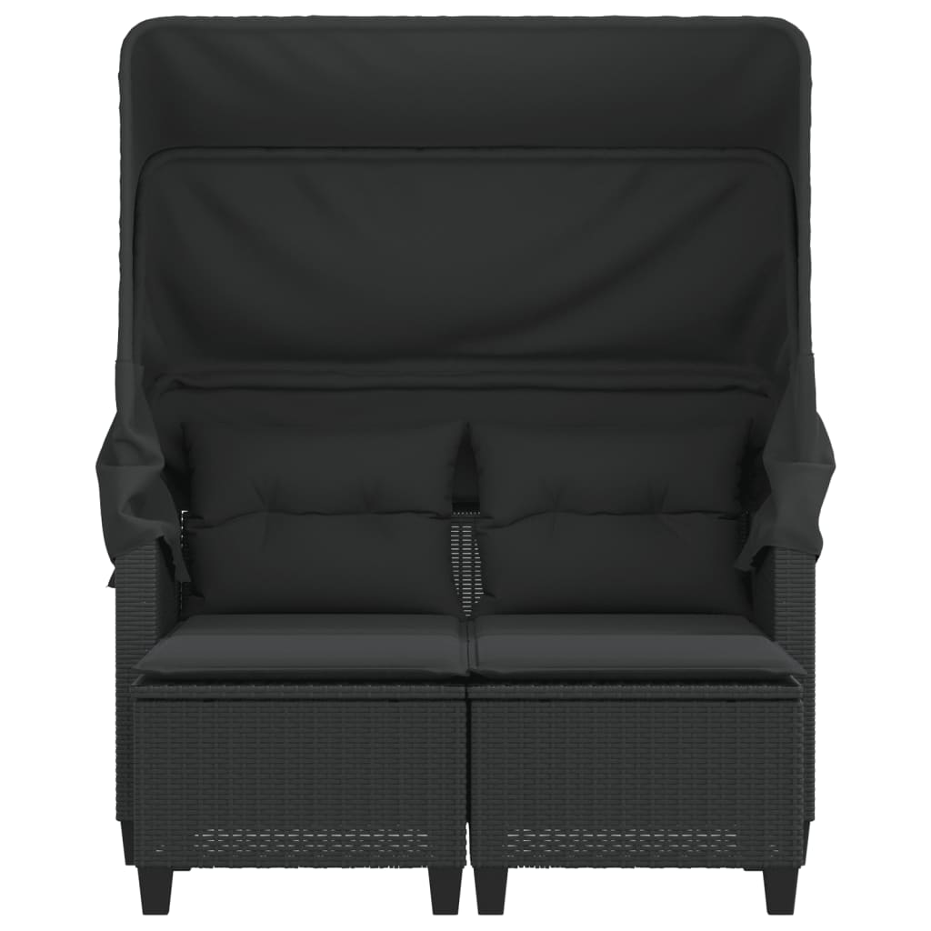 Gartensofa 2-Sitzer mit Dach und Hockern Schwarz Poly Rattan