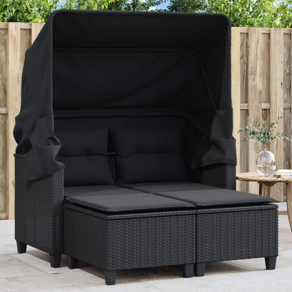 Gartensofa 2-Sitzer mit Dach und Hockern Schwarz Poly Rattan