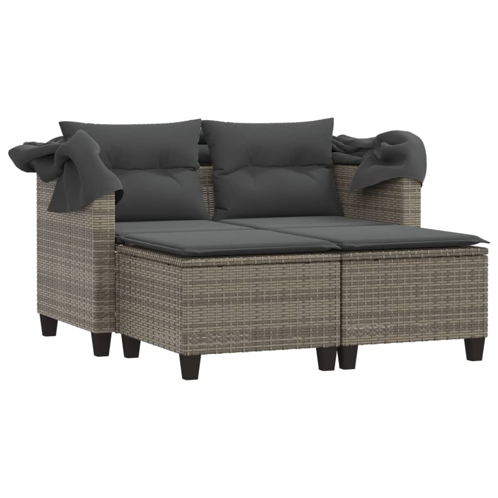 Gartensofa 2-Sitzer mit Dach und Hockern Grau Poly Rattan