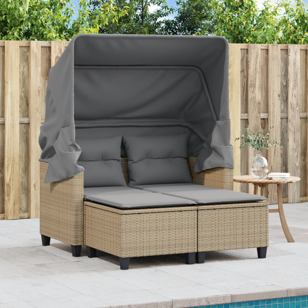 Gartensofa 2-Sitzer mit Dach und Hockern Beige Poly Rattan