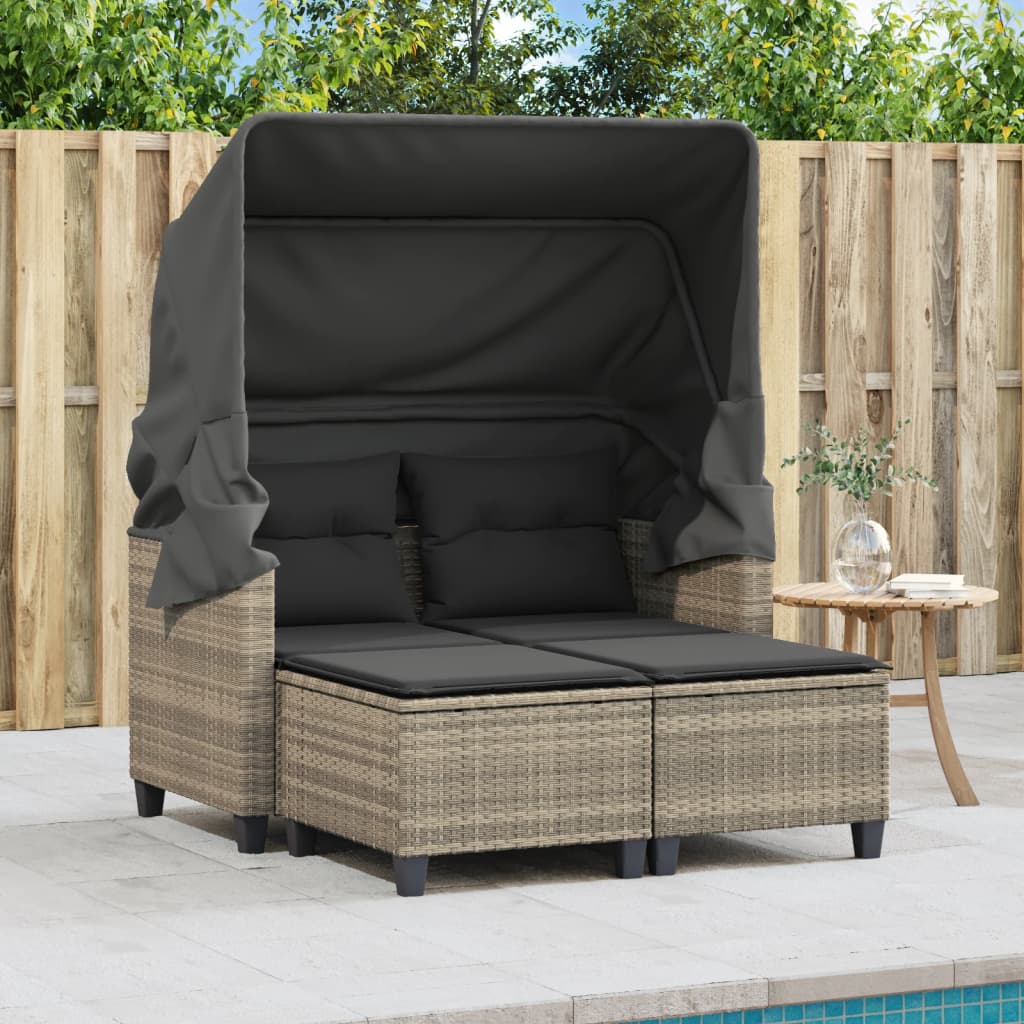 Gartensofa 2-Sitzer mit Dach und Hockern Hellgrau Poly Rattan