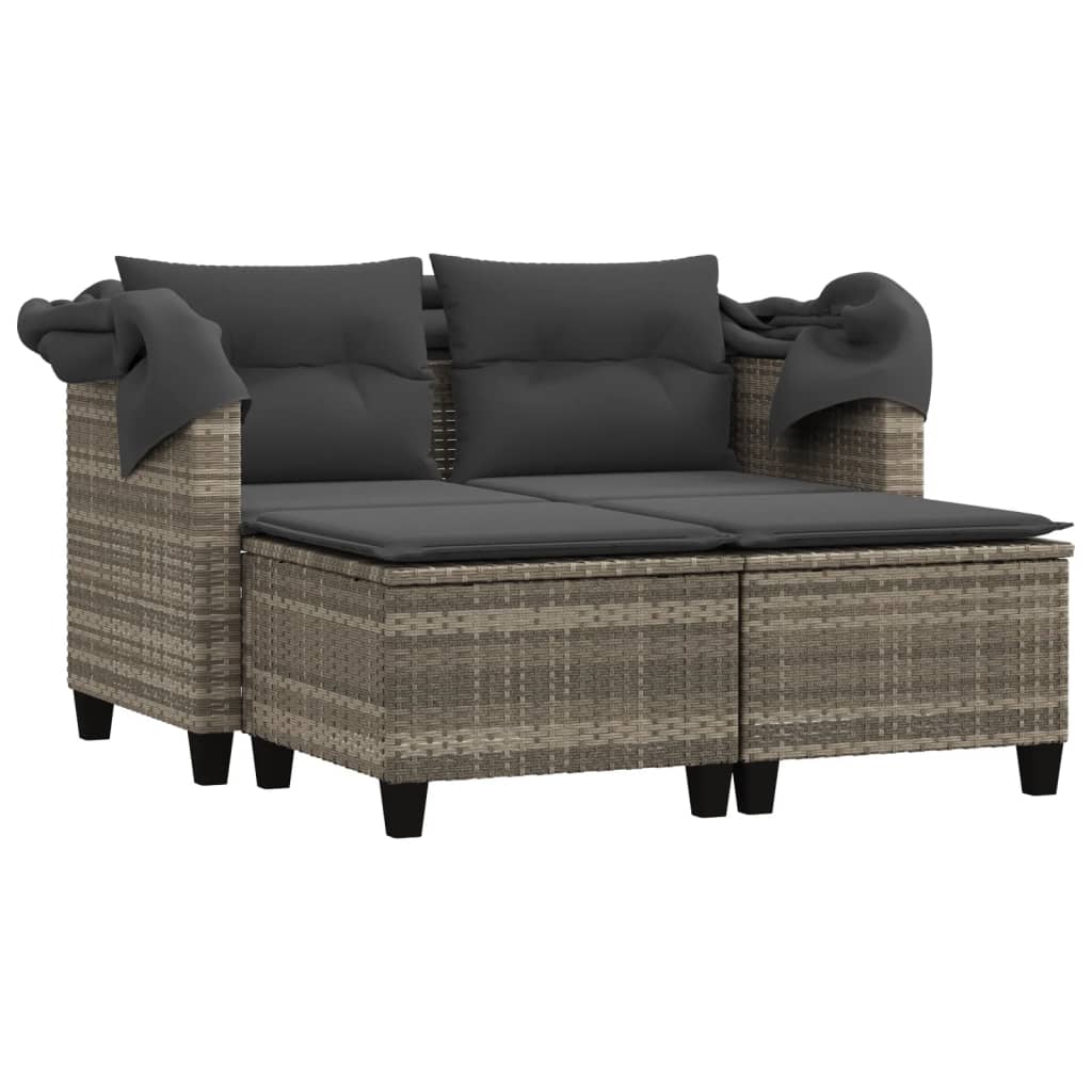 Gartensofa 2-Sitzer mit Dach und Hockern Hellgrau Poly Rattan