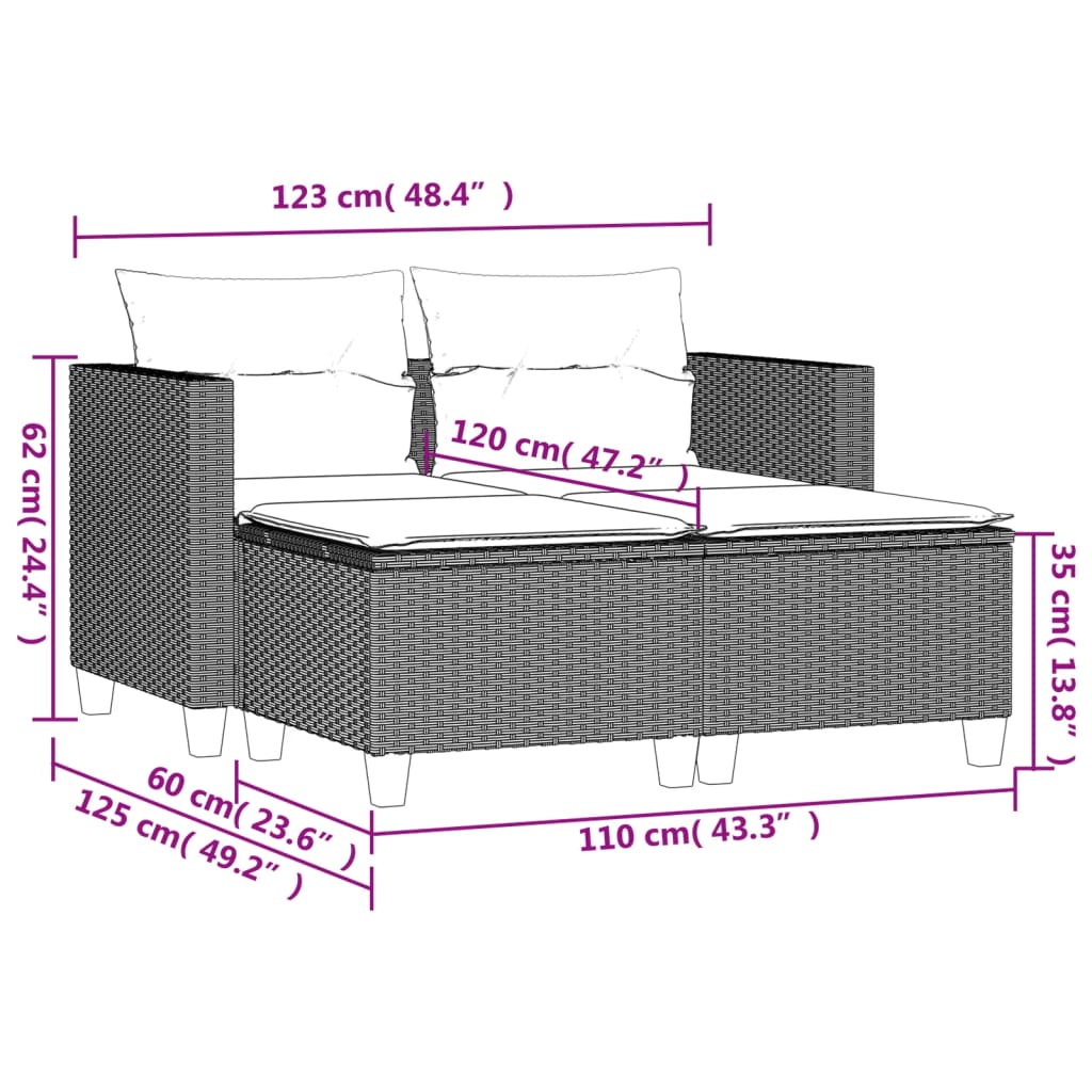 Gartensofa 2-Sitzer mit Hockern Schwarz Poly Rattan