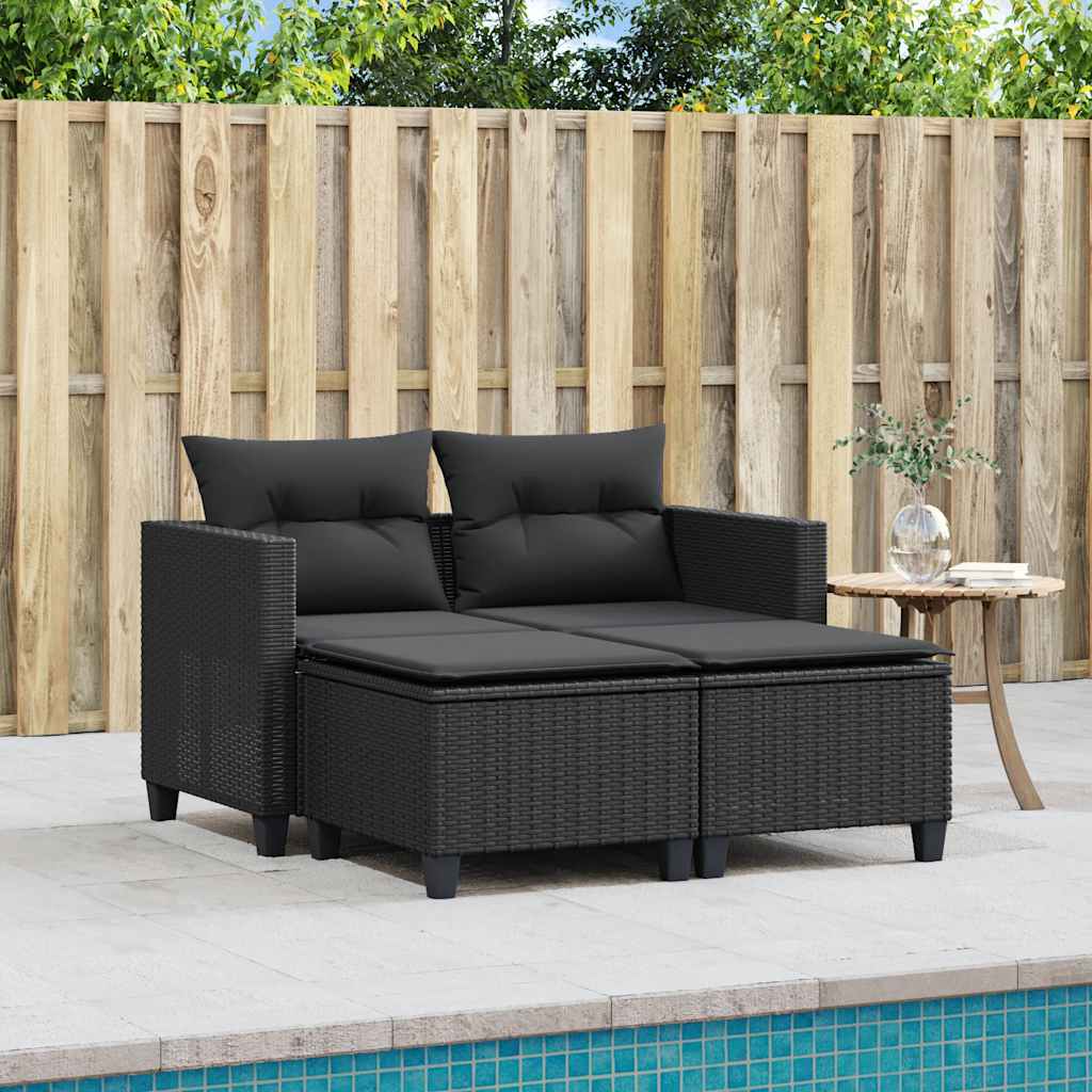 Gartensofa 2-Sitzer mit Hockern Schwarz Poly Rattan