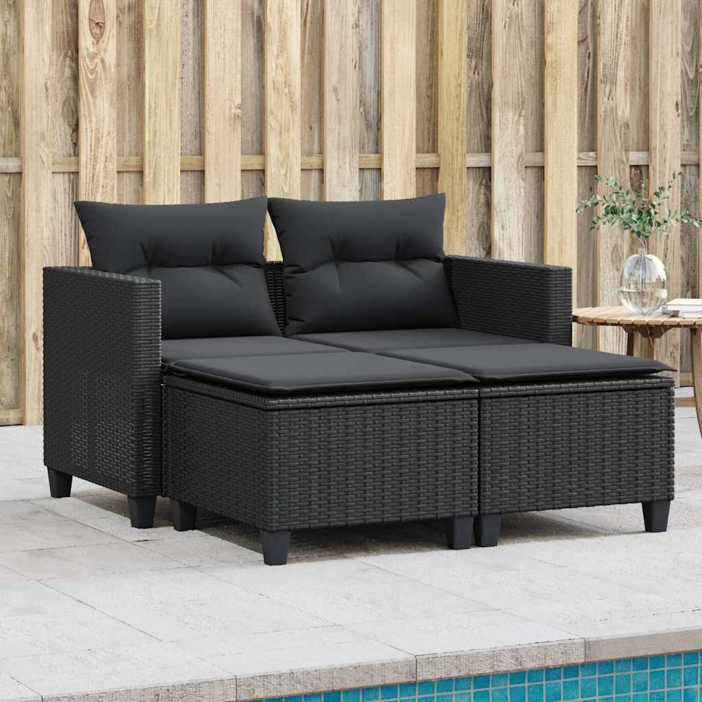 Gartensofa 2-Sitzer mit Hockern Schwarz Poly Rattan