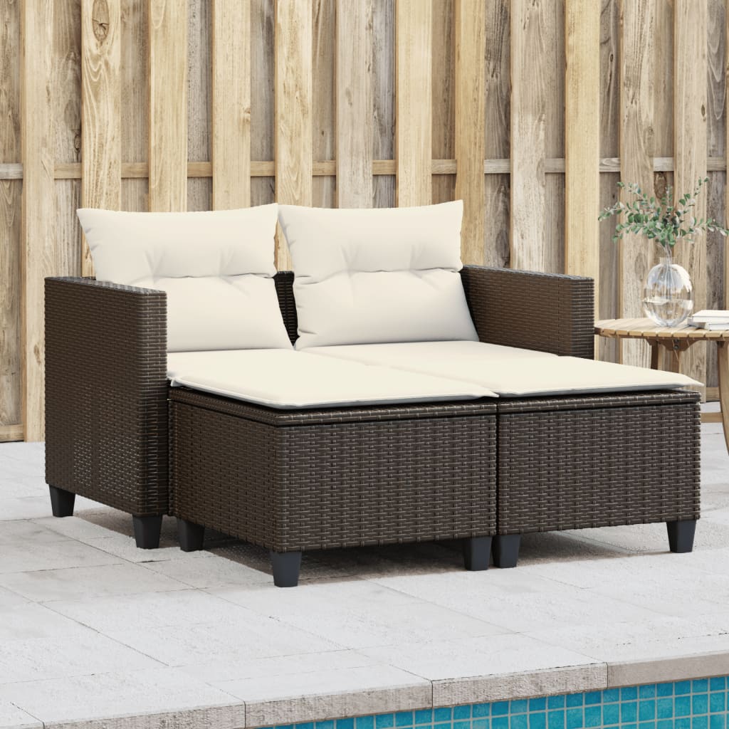 Gartensofa 2-Sitzer mit Hockern Braun Poly Rattan