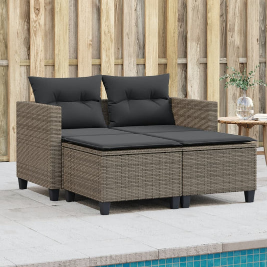 Gartensofa 2-Sitzer mit Hockern Grau Poly Rattan