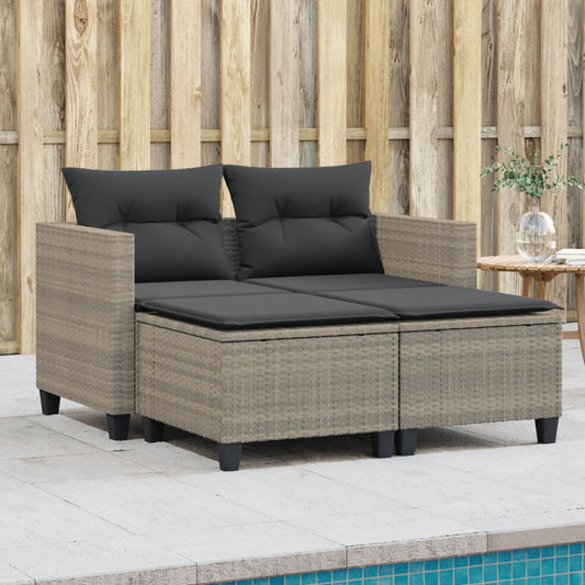 Gartensofa 2-Sitzer mit Hockern Hellgrau Poly Rattan