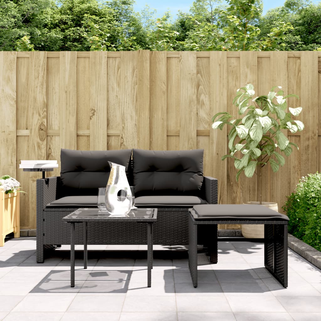 3-tlg. Garten-Sofagarnitur mit Kissen Schwarz Poly Rattan