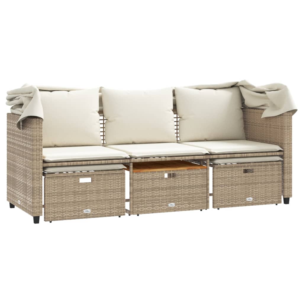 Outdoor-Sofa 3-Sitzer mit Dach und Hockern Beige Poly Rattan