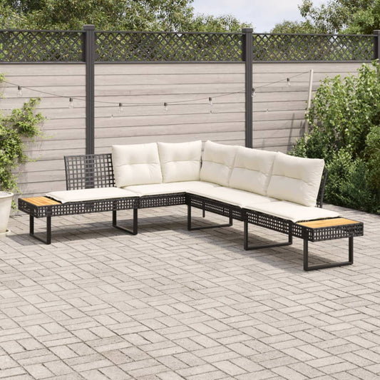 Gartensofa in L-Form mit Kissen Schwarz Poly Rattan und Akazie