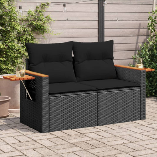 Gartensofa mit Kissen 2-Sitzer Schwarz Poly Rattan