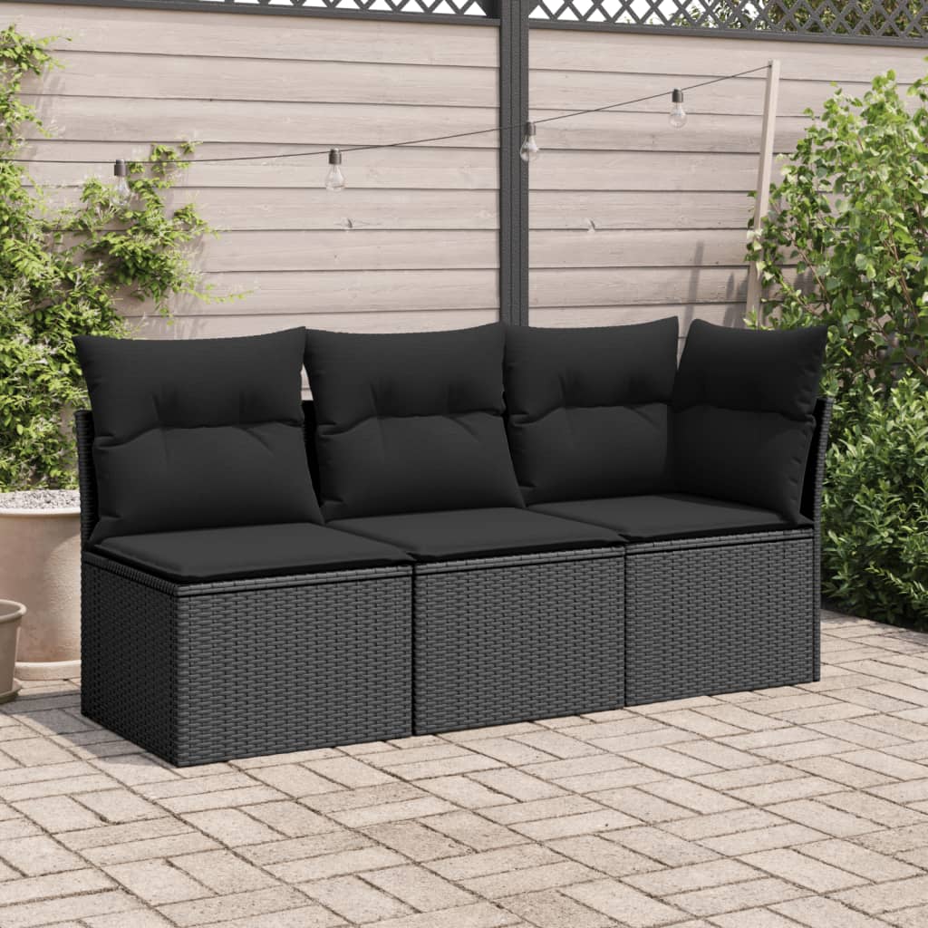 Gartensofa mit Kissen 3-Sitzer Schwarz Poly Rattan