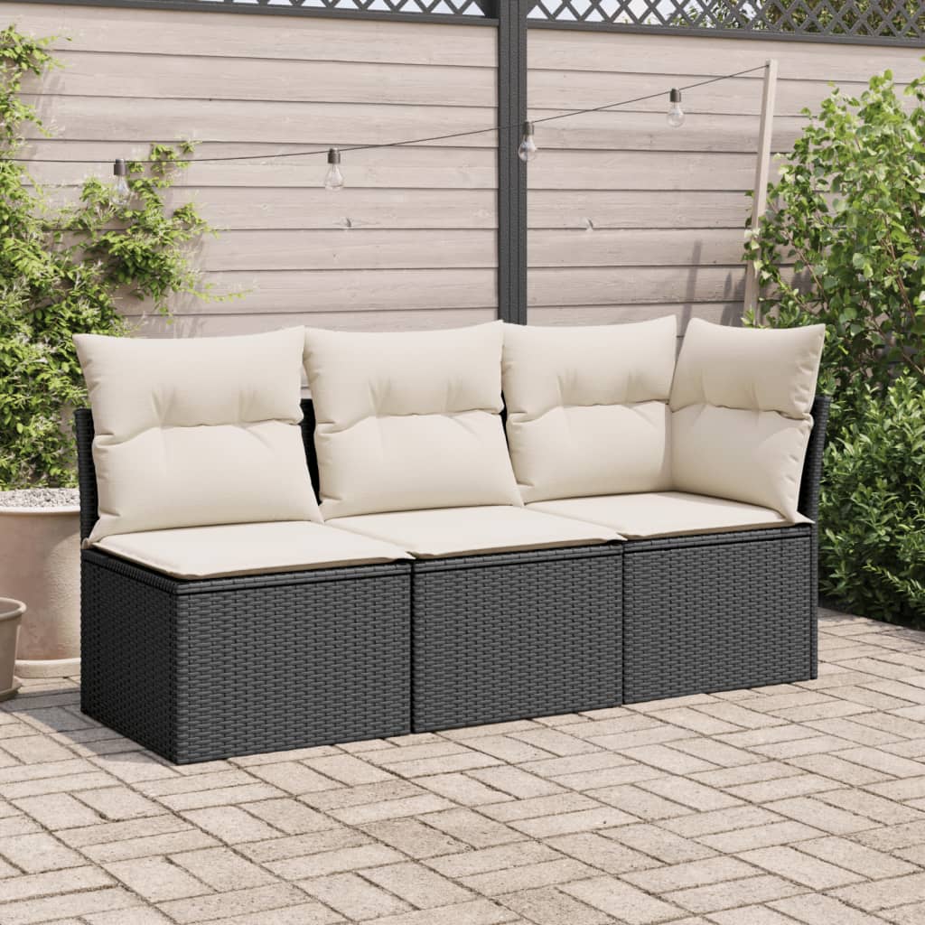 Gartensofa mit Kissen 3-Sitzer Schwarz Poly Rattan