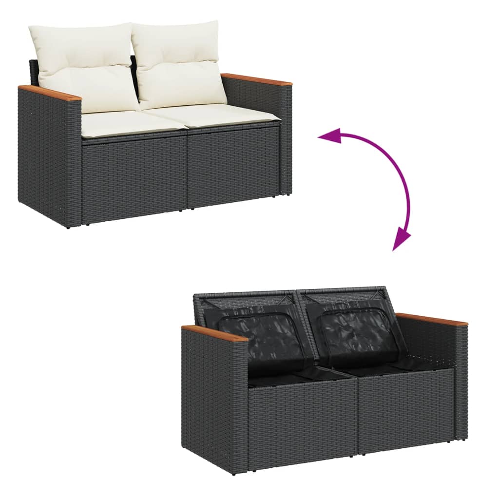 Gartensofa mit Kissen 2-Sitzer Schwarz Poly Rattan