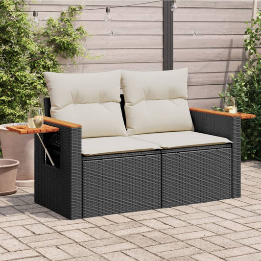 Gartensofa mit Kissen 2-Sitzer Schwarz Poly Rattan