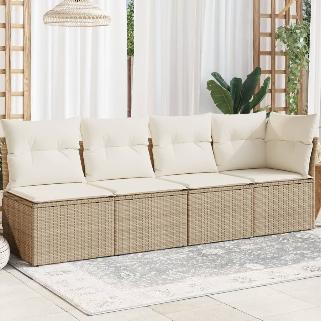 Gartensofa mit Kissen 4-Sitzer Beige Poly Rattan