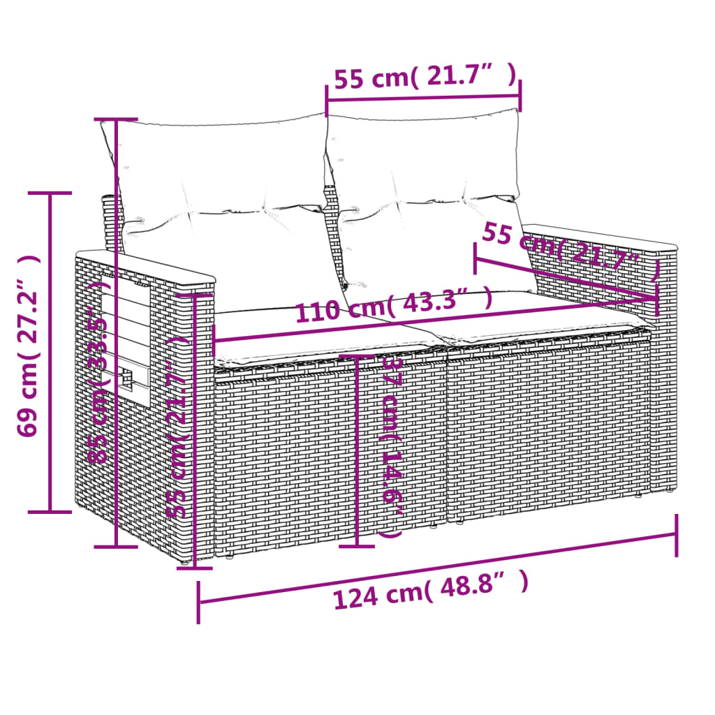 Gartensofa mit Kissen 2-Sitzer Beige Poly Rattan