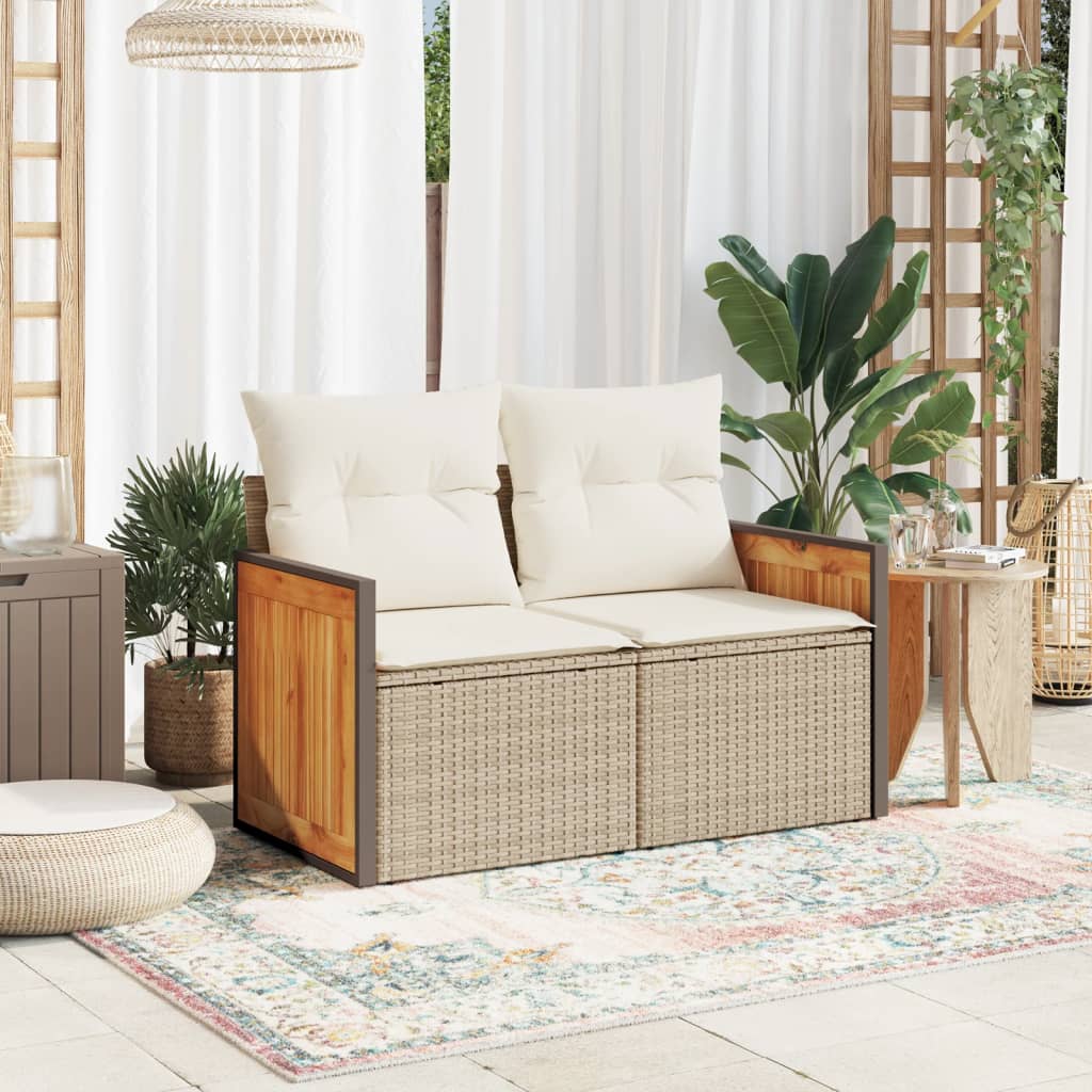 Gartensofa mit Kissen 2-Sitzer Beige Poly Rattan