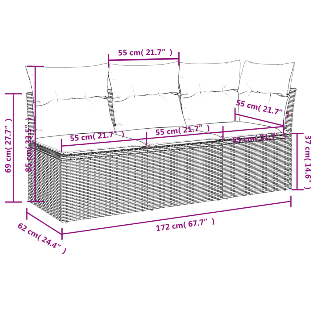 Gartensofa mit Kissen 3-Sitzer Beige Poly Rattan