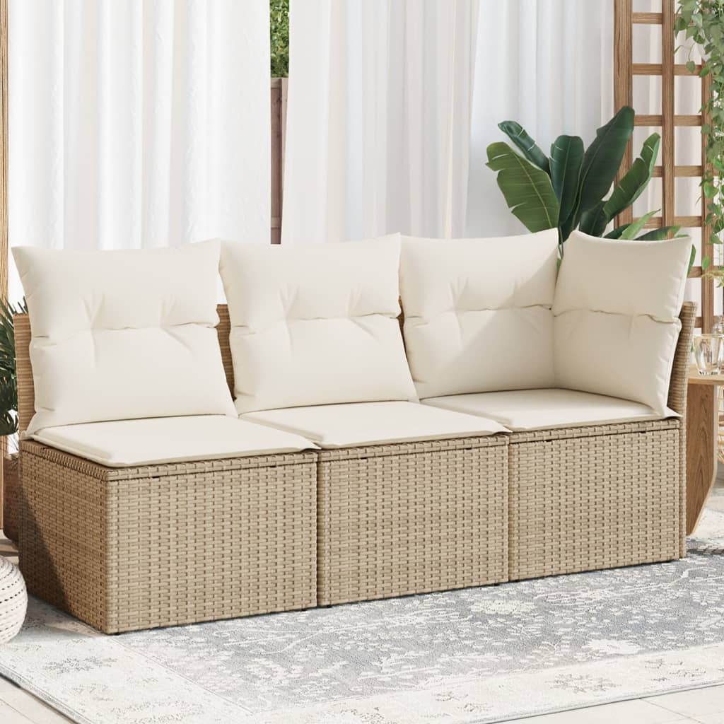 Gartensofa mit Kissen 3-Sitzer Beige Poly Rattan