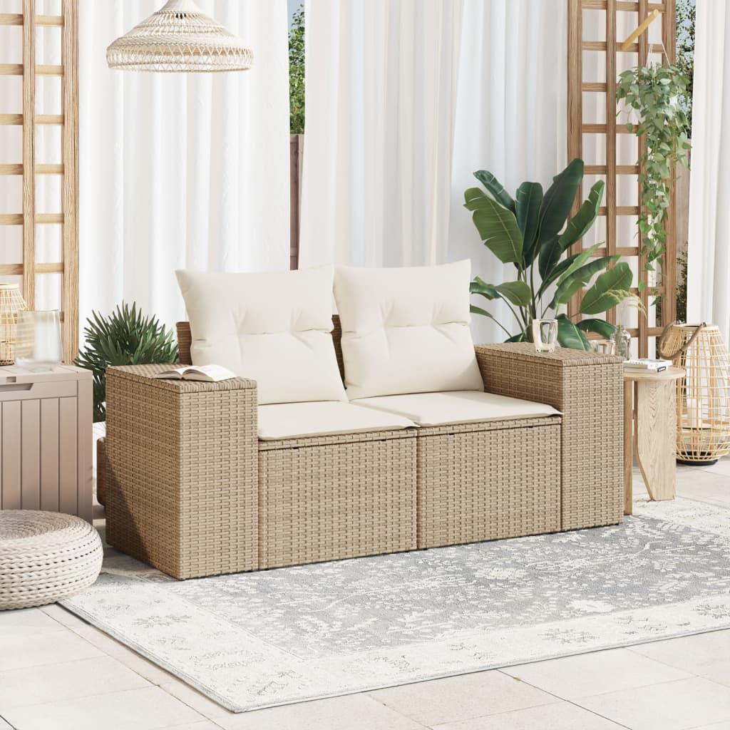 Gartensofa mit Kissen 2-Sitzer Beige Poly Rattan