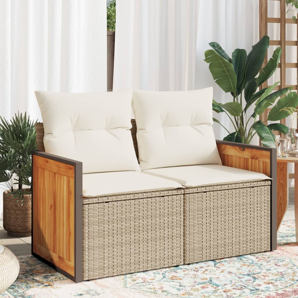 Gartensofa mit Kissen 2-Sitzer Beige Poly Rattan