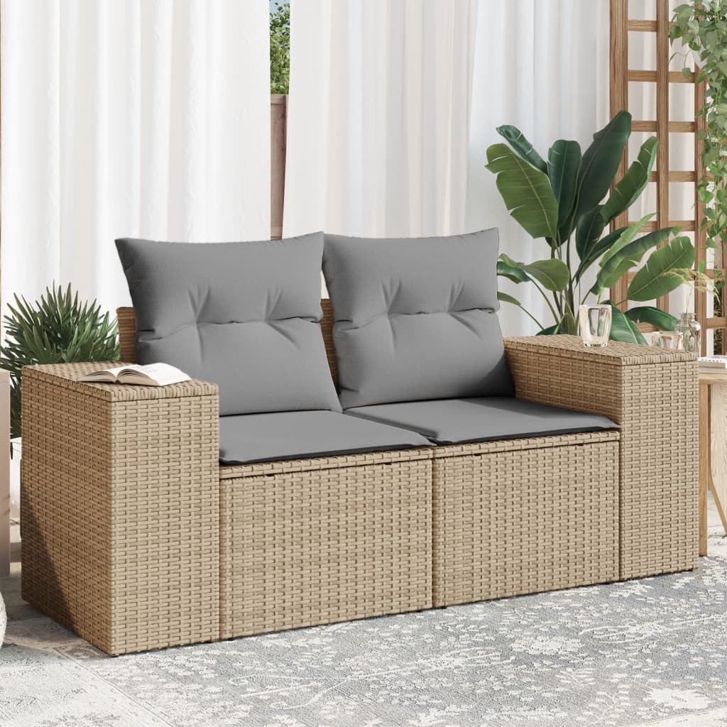 Gartensofa mit Kissen 2-Sitzer Beige Poly Rattan