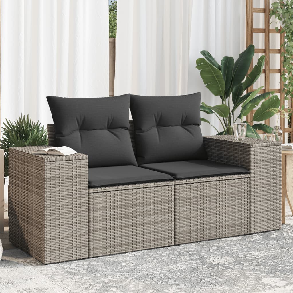 Gartensofa 2-Sitzer mit Kissen Grau Poly Rattan