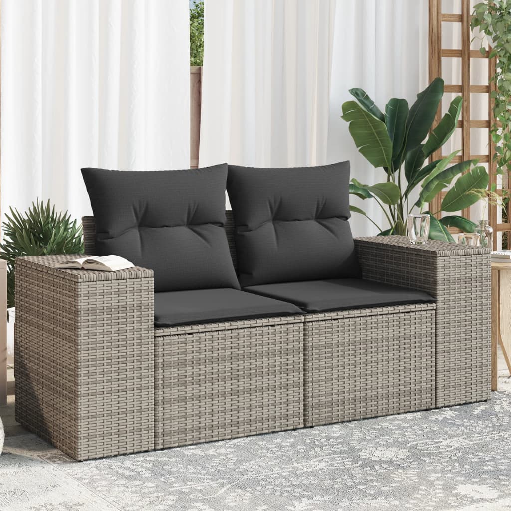 Gartensofa 2-Sitzer mit Kissen Grau Poly Rattan