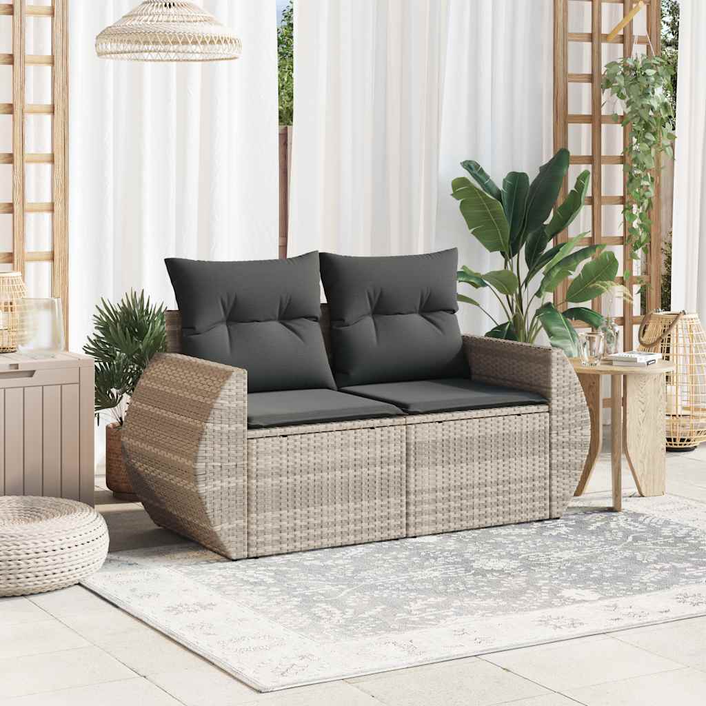 Gartensofa mit Kissen 2-Sitzer Hellgrau Poly Rattan