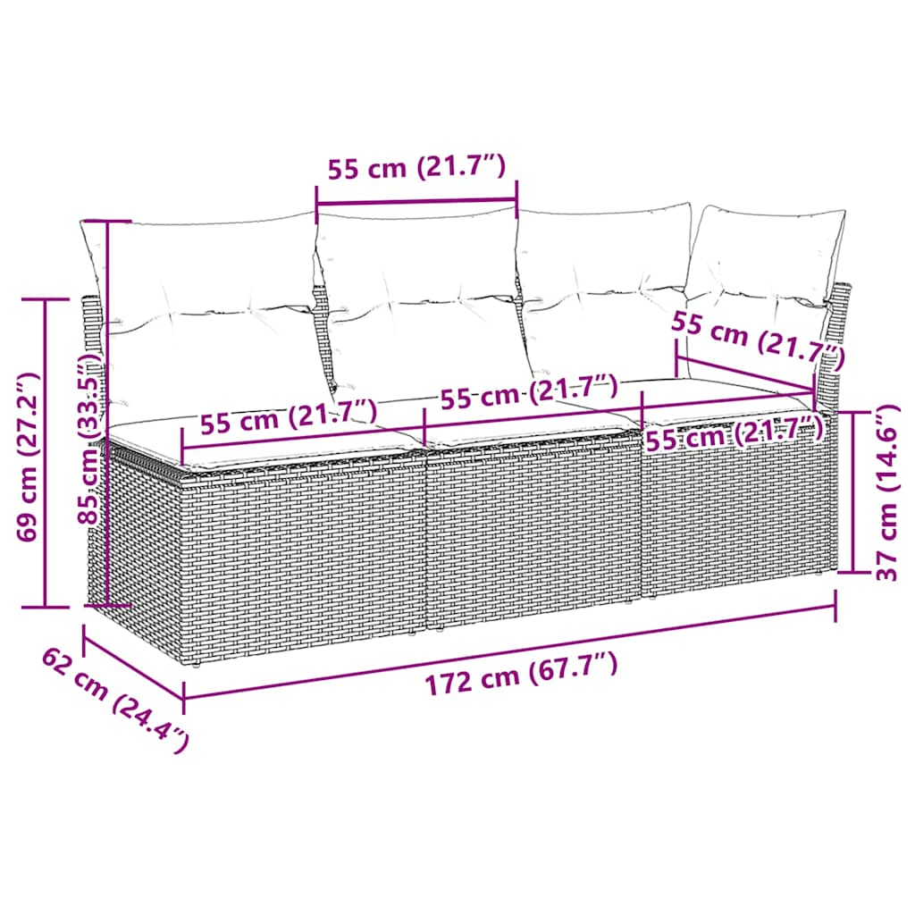 Gartensofa mit Kissen 3-Sitzer Hellgrau Poly Rattan