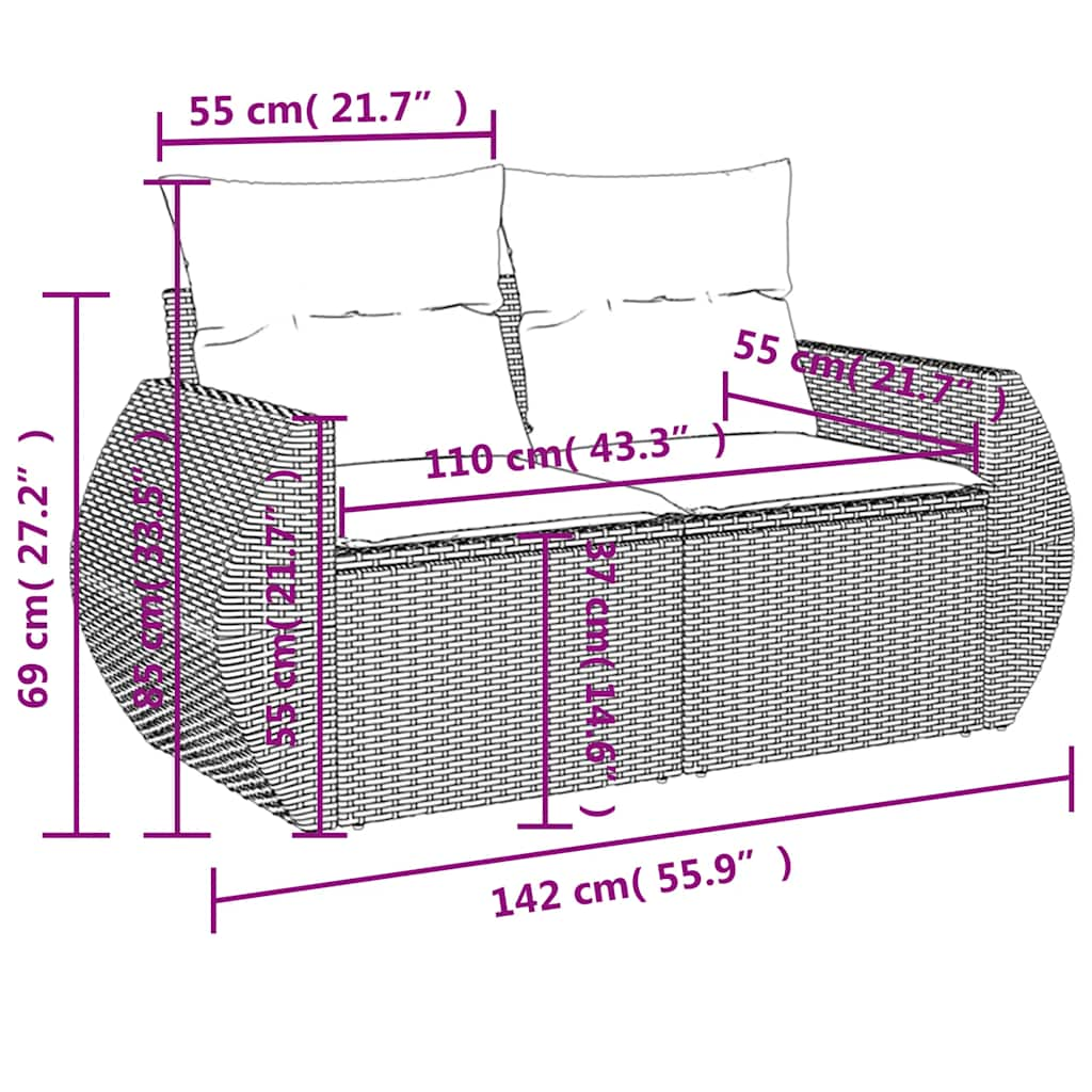 Gartensofa mit Kissen 2-Sitzer Hellgrau Poly Rattan