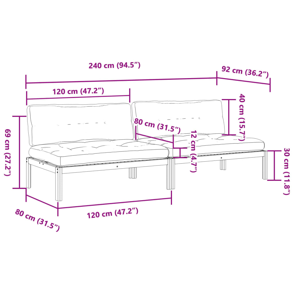 Garten-Mittelsofas aus Paletten 2 Stk. mit Kissen Akazienholz