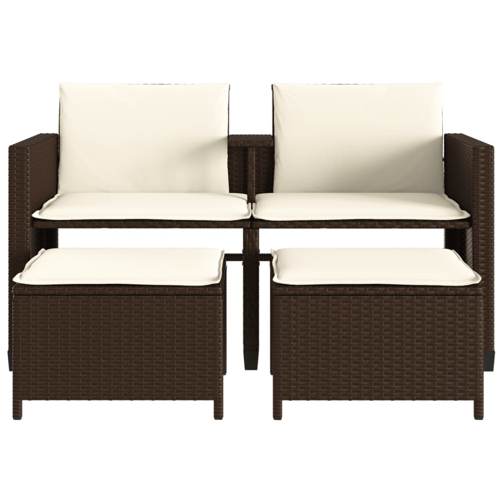 Gartensofa 2-Sitzer mit Tisch und Hockern Braun Poly Rattan