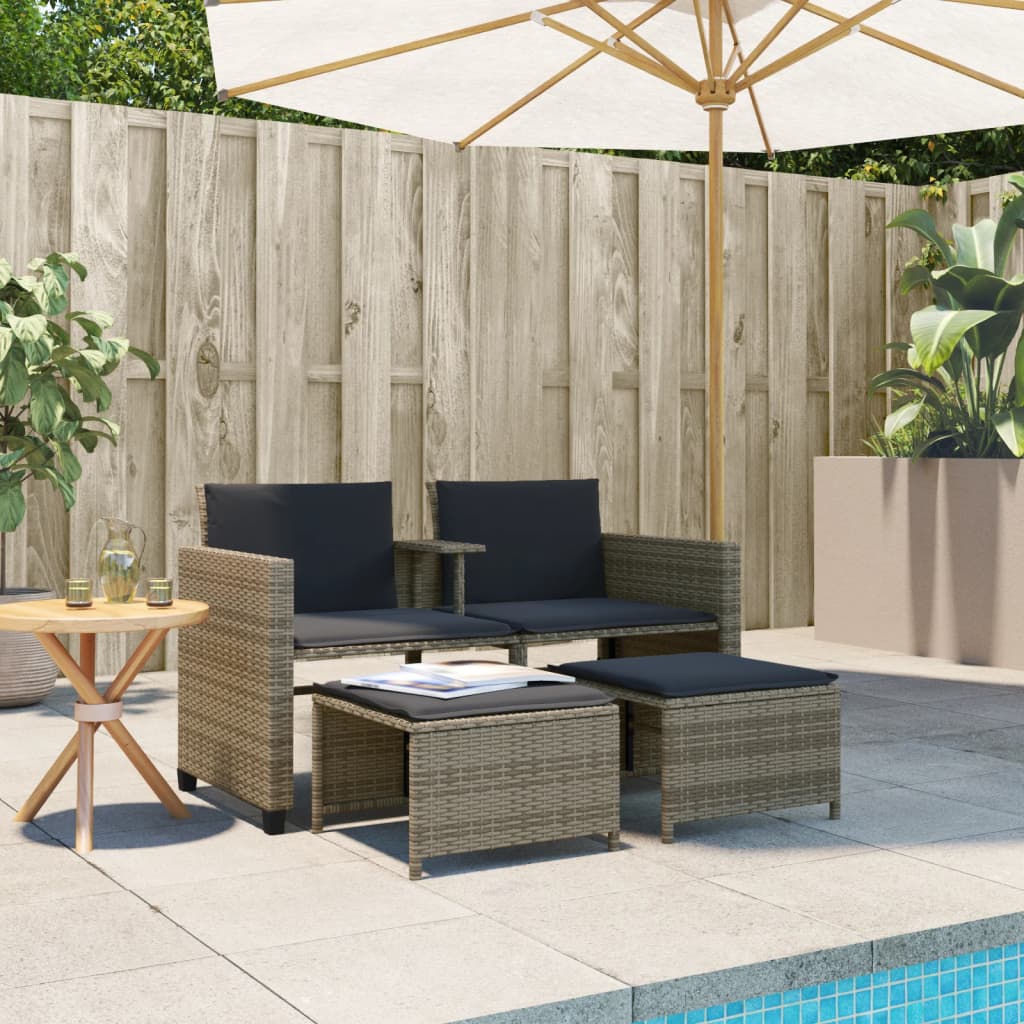 Gartensofa 2-Sitzer mit Tisch und Hockern Grau Poly Rattan