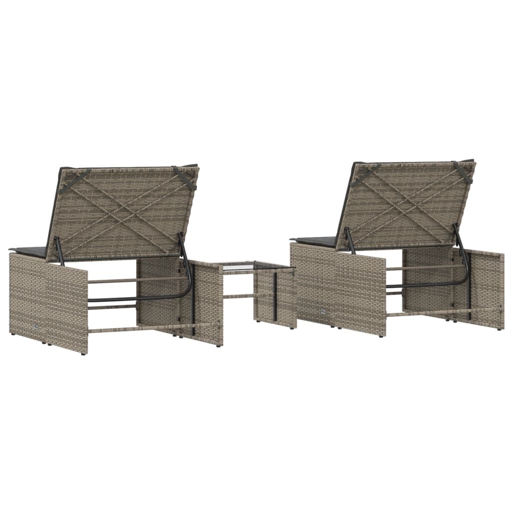 Sonnenliegen 2 Stk. mit Tisch Grau Poly Rattan