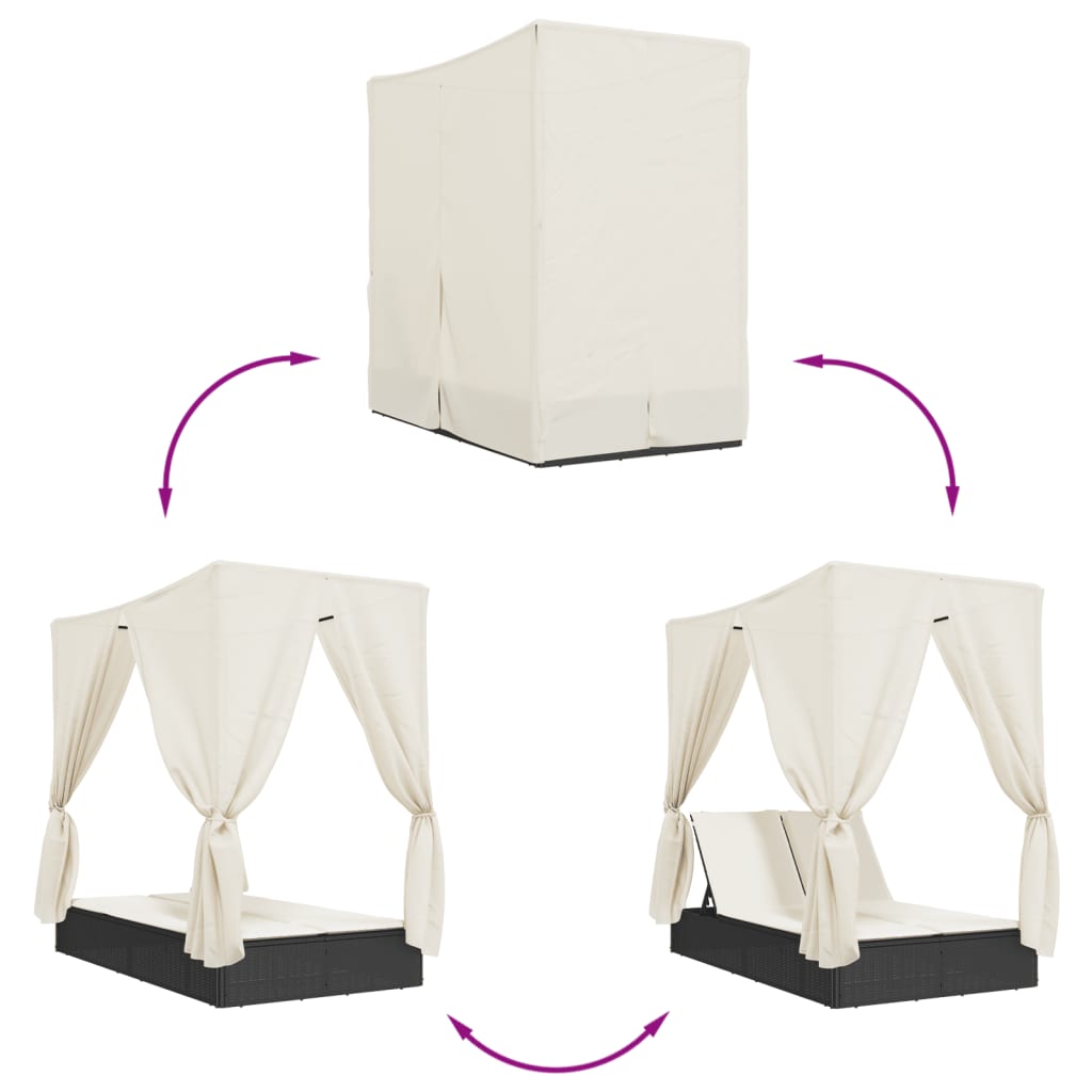 Doppel-Sonnenliege mit Dach und Vorhängen Schwarz Poly-Rattan
