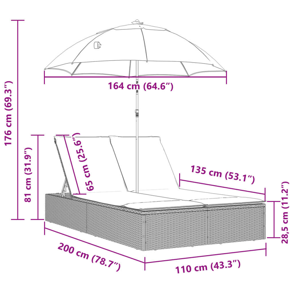 Doppel-Sonnenliege mit Kissen&Sonnenschirm Schwarz Poly Rattan