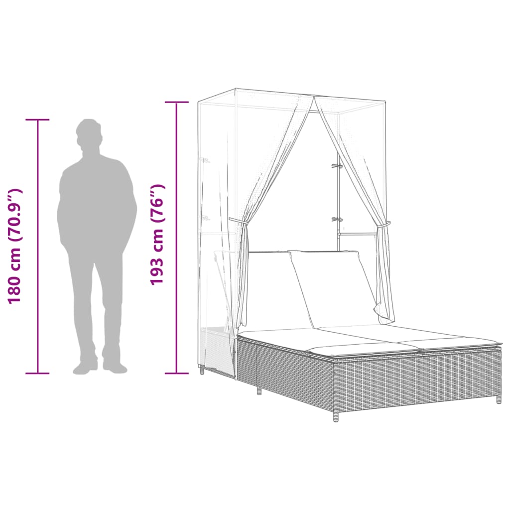 Doppel-Sonnenliege mit Dach und Vorhängen Braun Poly Rattan