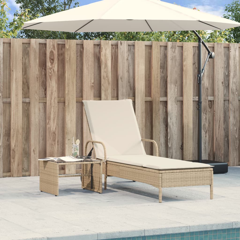 Sonnenliege mit Rollen und Auflage Beige Poly Rattan