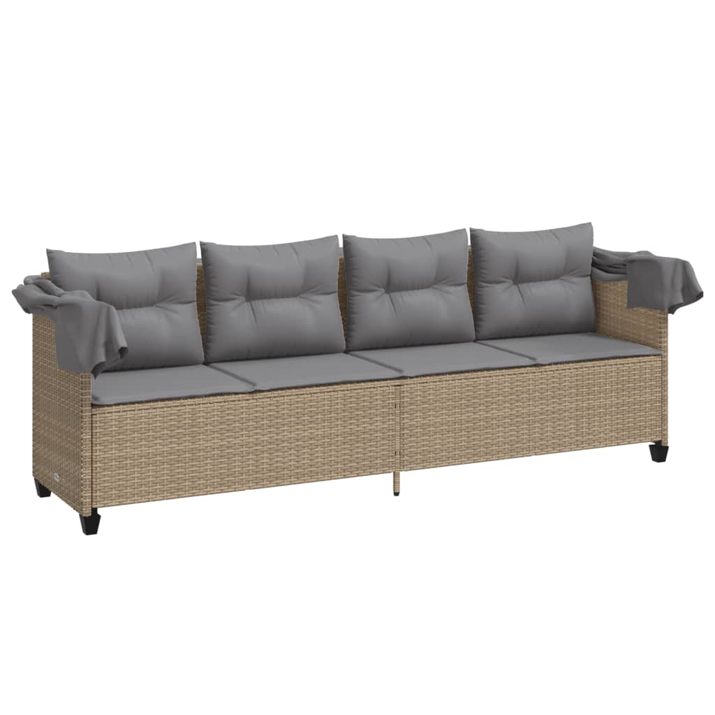 Sonnenliege mit Dach und Kissen Beige Poly Rattan