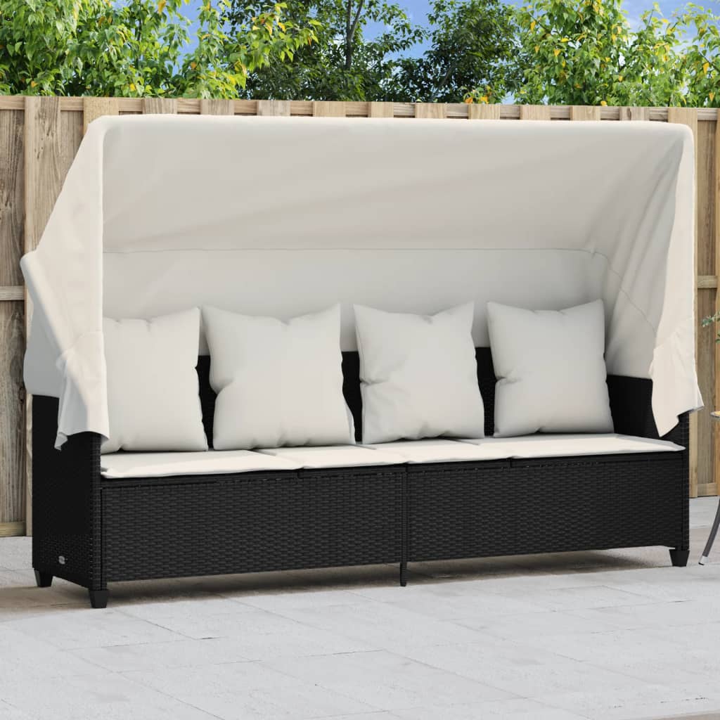 Sonnenliege mit Dach und Kissen Schwarz Poly Rattan