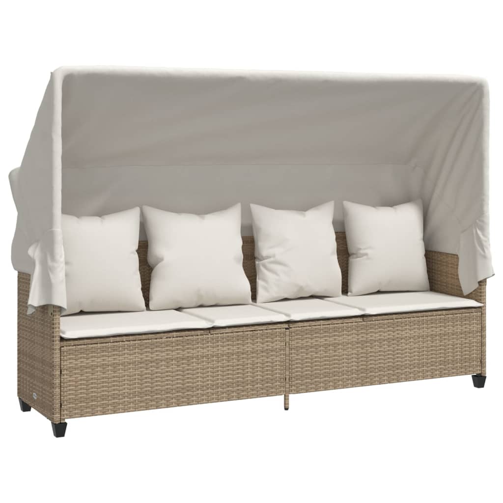 Sonnenliege mit Dach und Kissen Beige Poly Rattan