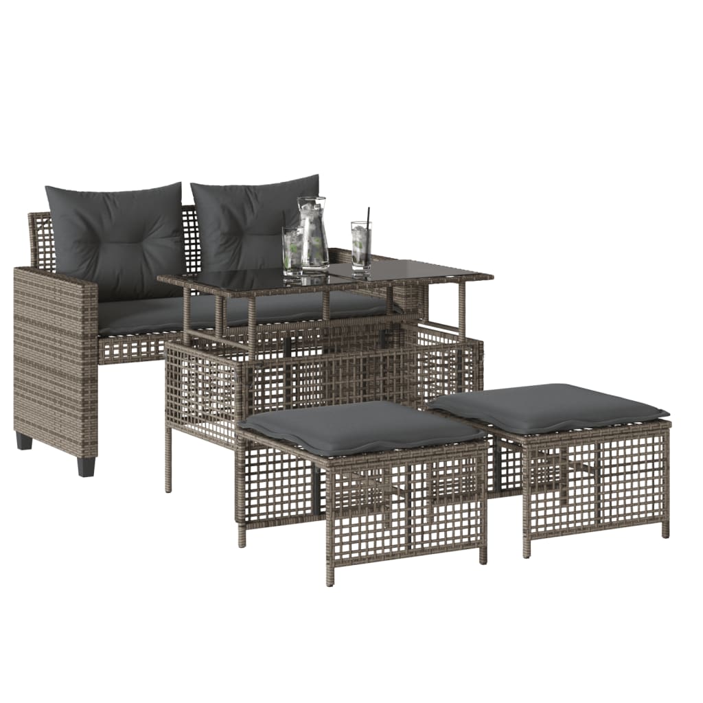 4-tlg. Garten-Sofagarnitur mit Kissen Grau Poly Rattan Glas