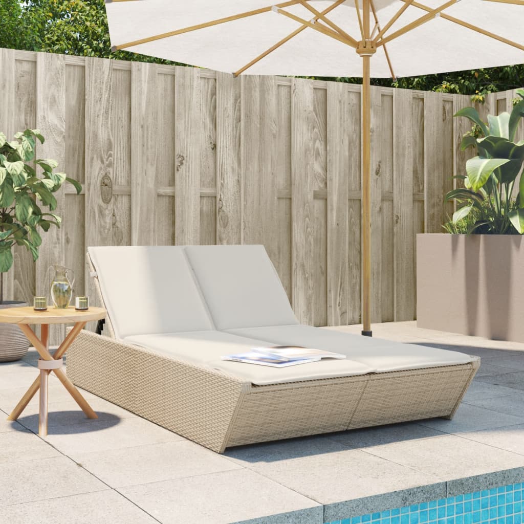 Doppel-Sonnenliege mit Auflagen Beige Poly Rattan